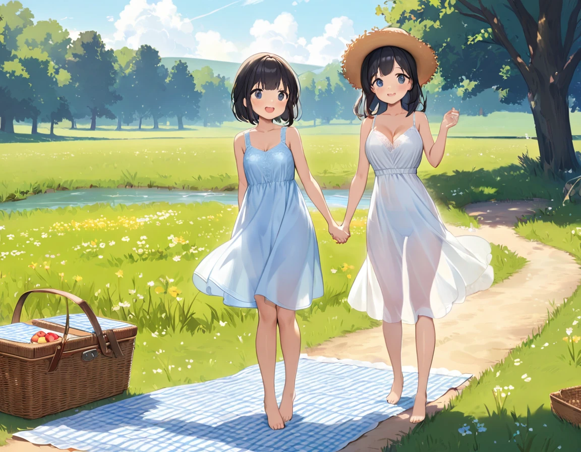 Straw hat、Girl with long black hair、(White dress、See-through bra)、(Underwear peeking out from under the dress、Showing off cute blue underwear)、(barefoot、cute leather shoeoderately large、Standing posture、Sisters holding hands、A meadow with a small stream running through it、picnic