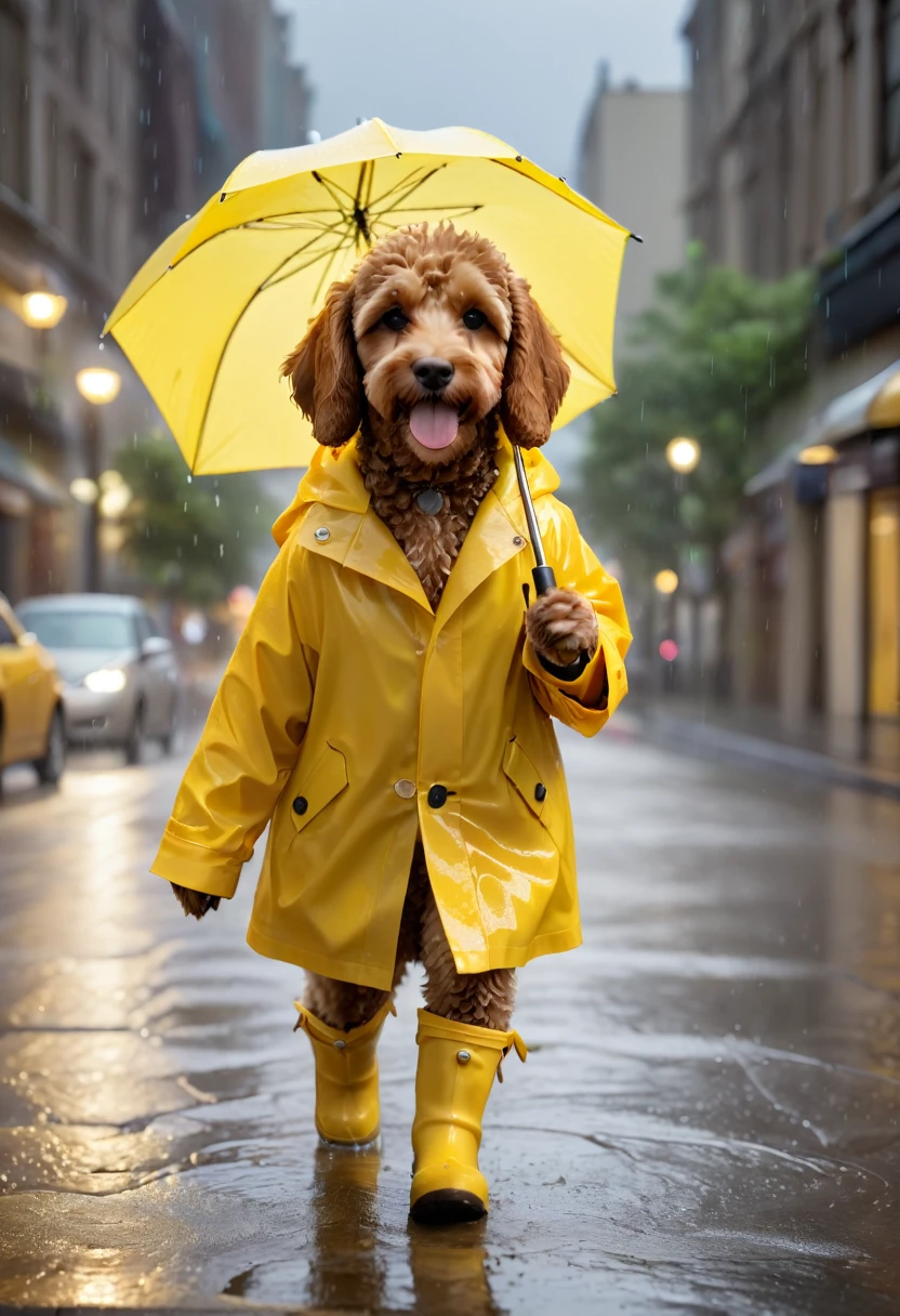 A brown Cavapoodle wearing a bright yellow raincoat and matching boots, holding an umbrella, and splashing in puddles on a rainy city street. The background is a bustling urban environment with wet pavement reflecting city lights