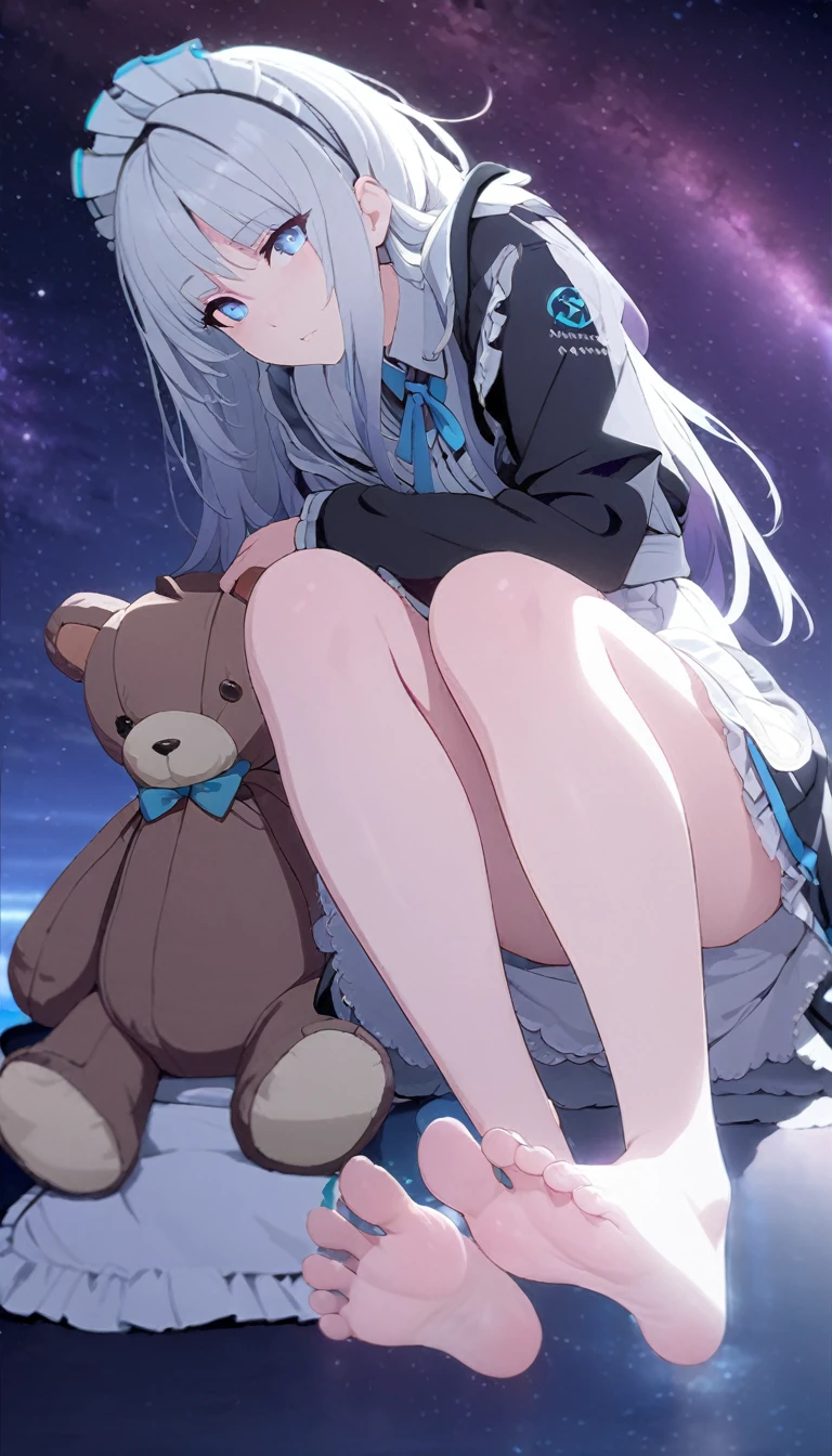 (((masterpiece))), (((best quality))),(((high detail))),light manipulation, girl with long silver hair, gradient purple to sky blue eyes, wearing a maid outfit, galaxy background, holding a teddy bear, feet, no footwear