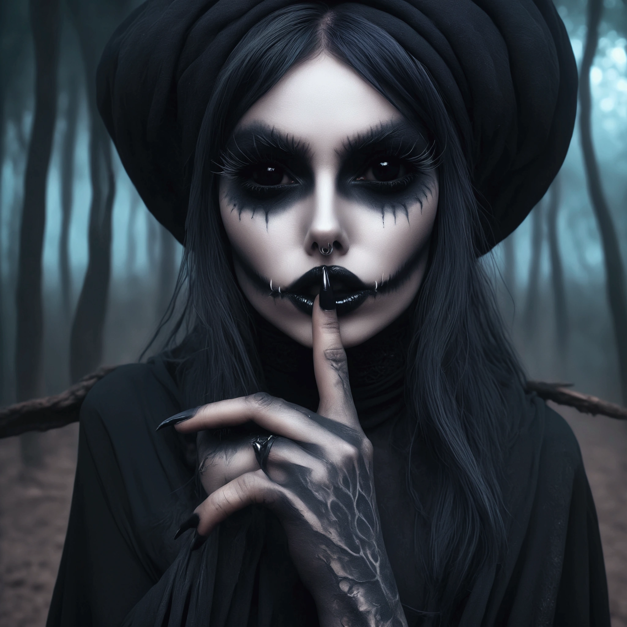 arafed woman with black makeup and black makeup holding a finger to her mouth, scary look, gothic horror vibes, dark art style, dark but detailed digital art, dark and horror style, creepy gothic portrait, gothic girl face, goth woman, gothic face, gothic girl, fantasy dark art, goth girl, black hollow eyes, dark witch, scary style