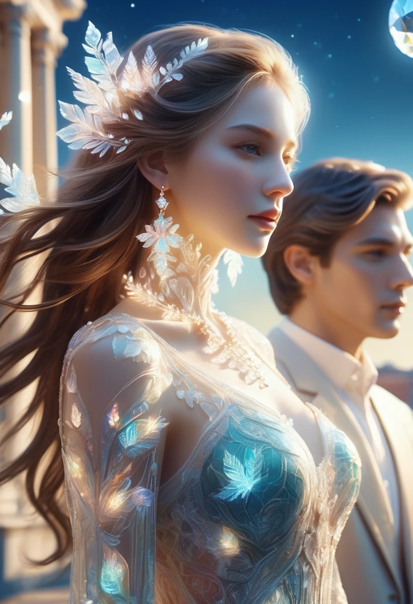 Surreal Romantic, (Beautiful teenage Caucasian couple in Rome_1 long haired man with delicate features, 1 woman wearing luminous diamond necklace and earrings), (Translucent luminous body_Upper body shot), Surreal, (Romantic_Detailed and accurate hand drawing, delicate features), Dynamic colors, Architectural street, Landscape, Clear sky, (Best quality, 8K, Surreal:1.2), (Highly detailed, Realistic:1.37), Bright background, Intricately detailed, Amazing, Floating, Fluorescent, Glowing, Bioluminescent body, Glowing patterns.