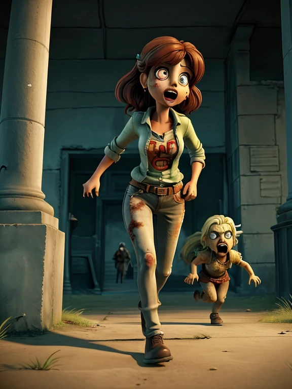 Create an image of a woman being chased by a zombie ( that the zombie can be seen BUT THAT IT LOOKS LIKE A ZOMBIE NOT A WOMAN and that in large letters it says * THE LEGEND OF CLARA * )