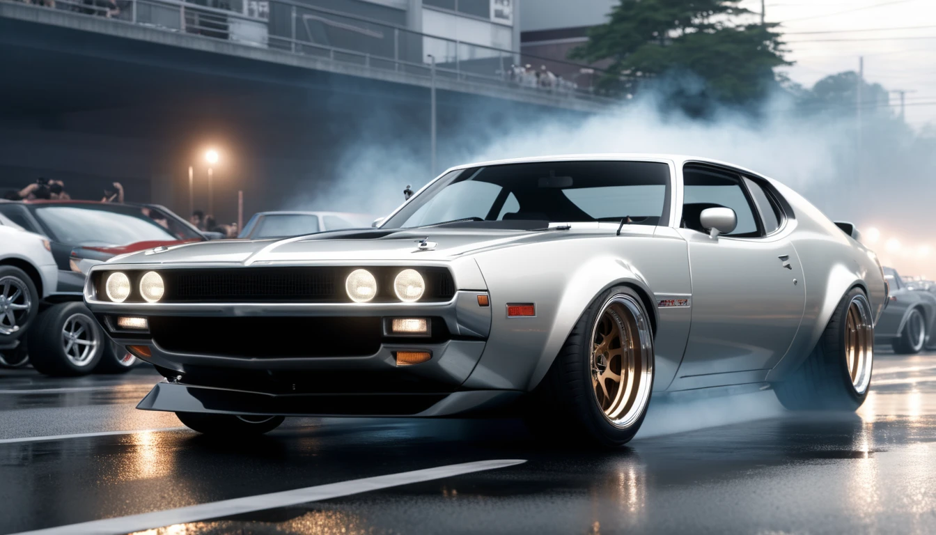 professional 3d model a car bosozoku at illegal car meet, Chiba prefecture, city mist softlight, photorealistic, highly detailed, 85MM . octane render, highly detailed, volumetric, dramatic lighting