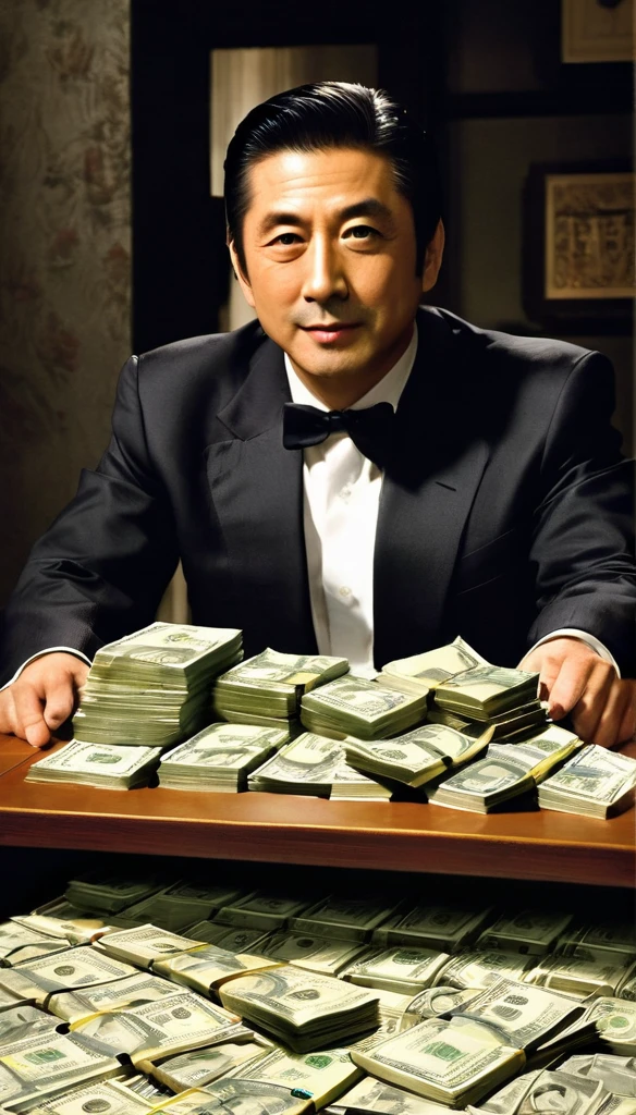Create an illustration representing the current political landscape of Japan, focusing on themes of corruption, bribery, and collusion. The scene should depict a dark, shadowy room where politicians are gathered around a table filled with money and documents, some shaking hands under the table. In the background, there should be a puppet master controlling the politicians with strings, symbolizing unseen influences and power. The atmosphere should be tense and ominous, with dim lighting highlighting the sinister expressions and actions of the characters