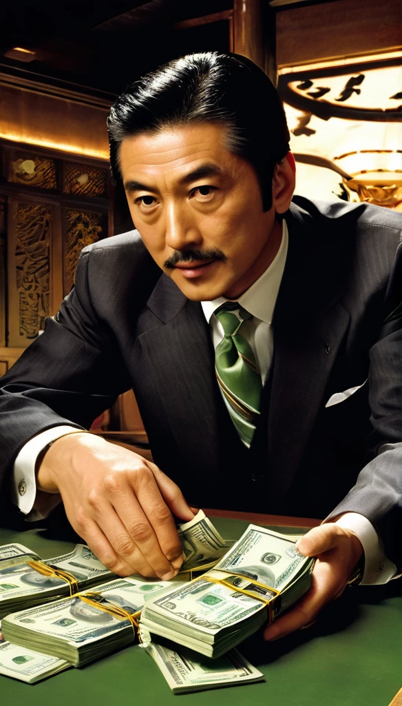 Create an illustration representing the current political landscape of Japan, focusing on themes of corruption, bribery, and collusion. The scene should depict a dark, shadowy room where politicians are gathered around a table filled with money and documents, some shaking hands under the table. In the background, there should be a puppet master controlling the politicians with strings, symbolizing unseen influences and power. The atmosphere should be tense and ominous, with dim lighting highlighting the sinister expressions and actions of the characters