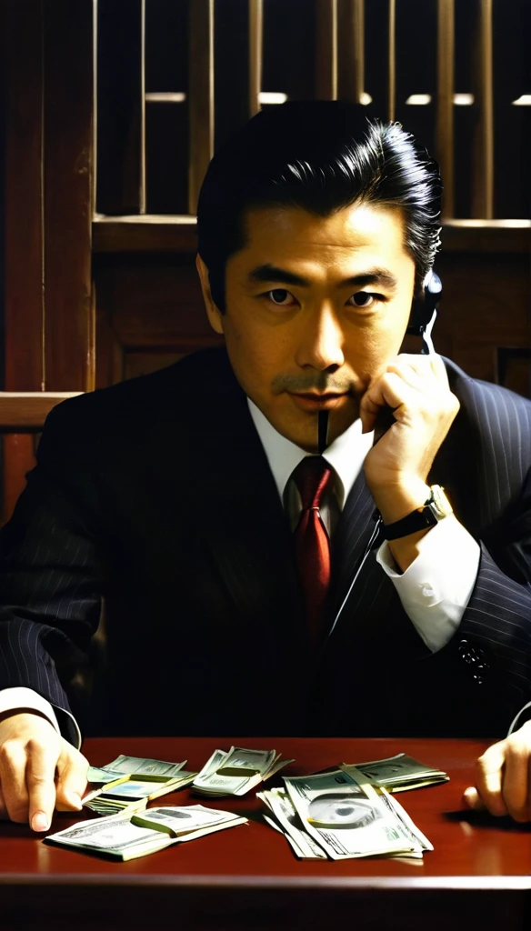 Create an illustration representing the current political landscape of Japan, focusing on themes of corruption, bribery, and collusion. The scene should depict a dark, shadowy room where politicians are gathered around a table filled with money and documents, some shaking hands under the table. In the background, there should be a puppet master controlling the politicians with strings, symbolizing unseen influences and power. The atmosphere should be tense and ominous, with dim lighting highlighting the sinister expressions and actions of the characters