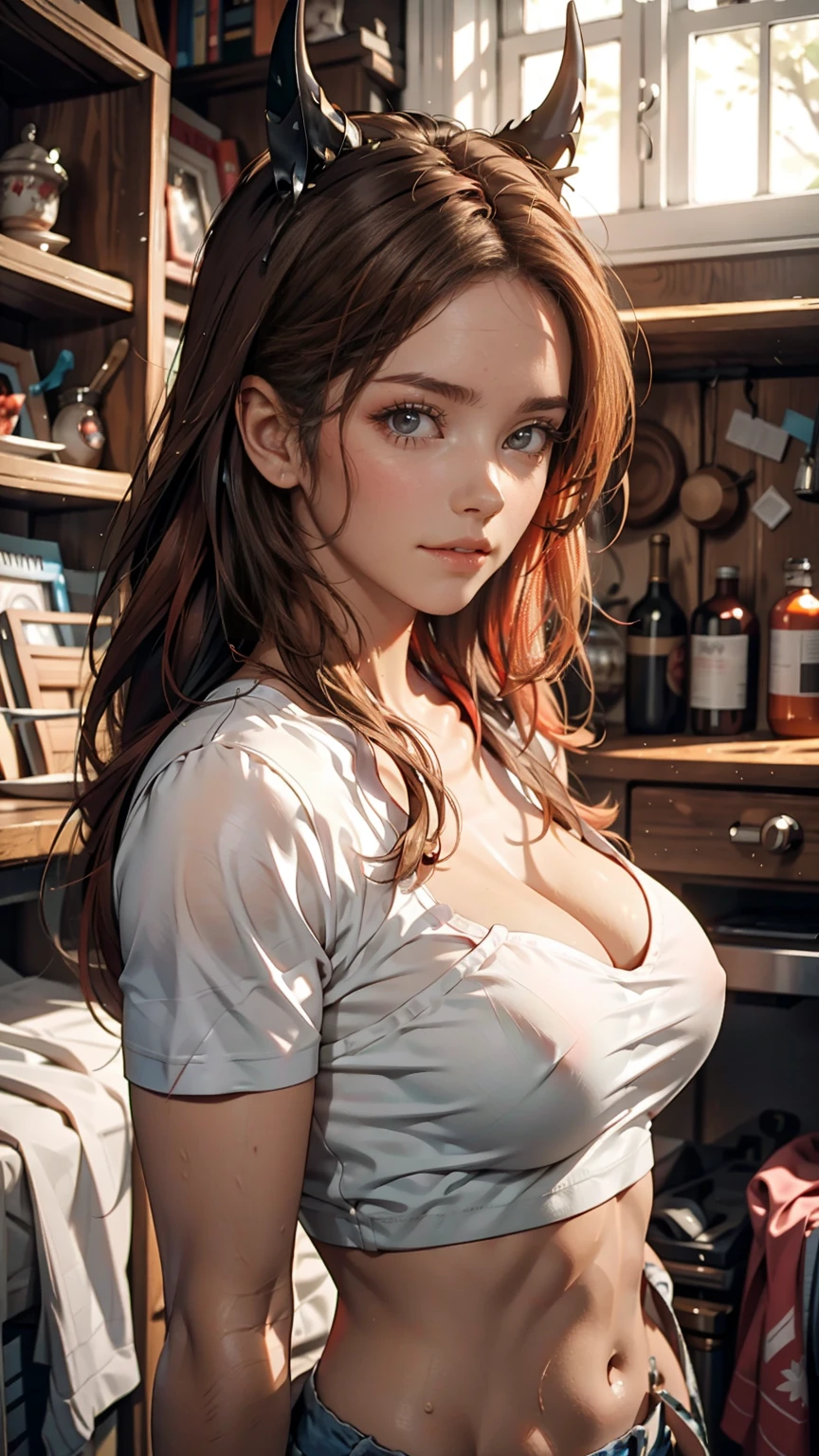 Very detailed, Seductive erotic woman with horns, A shirt that fits snugly against the skin, (Big Breasts, My chest is so big that it tears my shirt, Redhead), Focus on the face, Focus on the face, Complex eyes,