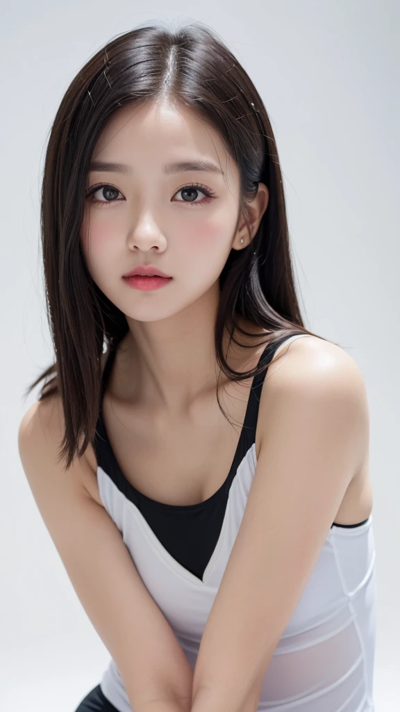(((forehead、Northern Europe、White、beautiful girl、Black Hair、White Background、training wear、cute、young、True Face、Shiny Hair、whole body)))、Tabletop, Highest quality, shape, Very detailed, finely, High resolution, 8k wallpaper, Perfect dynamic composition, finelyて美しい目, Deco Out,blonde, chest, Natural color lip,White Background, random cute poses,