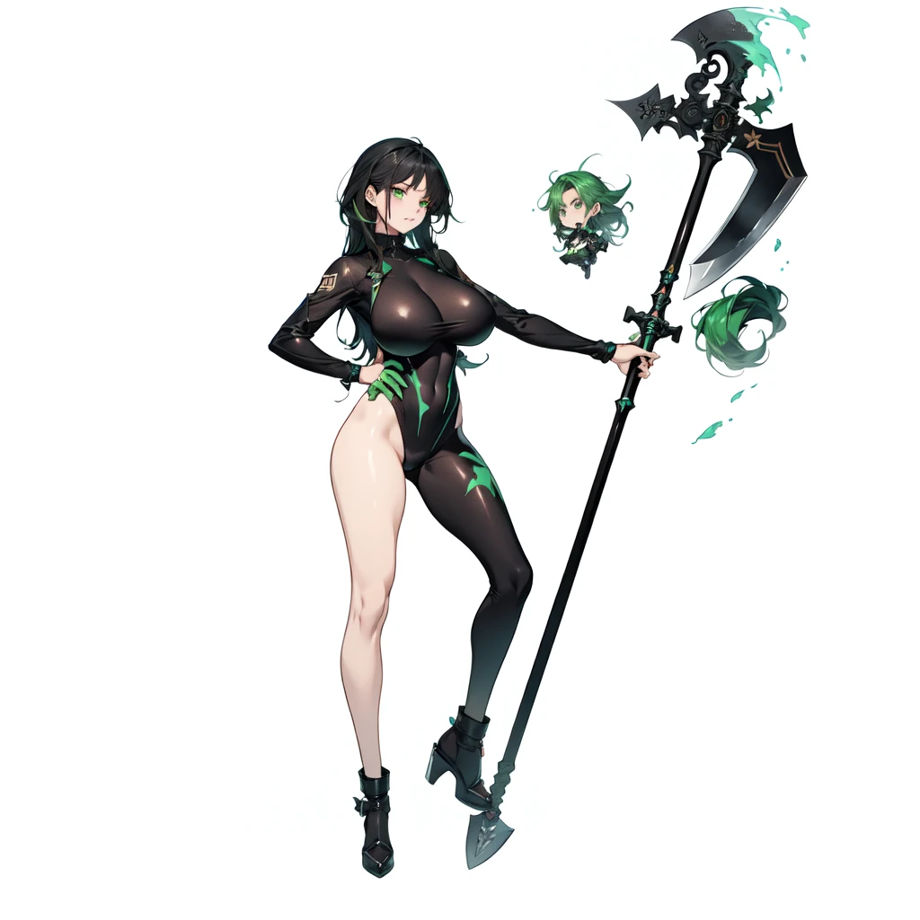 masterpiece,best quality,1girl,right hand in waist,azur lane al azuma,\(herrscher of finality\),solo,full body,pale skin,black hair with mudgreen shades, mudgreen colored eyes,full body, full body black swinsuit,+ +,tight black collant,(((big breasts))),closed mouth,((serious expression)),bronze high heels, (((holding a great black axe))), three floating black skulls engulfed in green fire, ((fantasy character)), anime character sheet