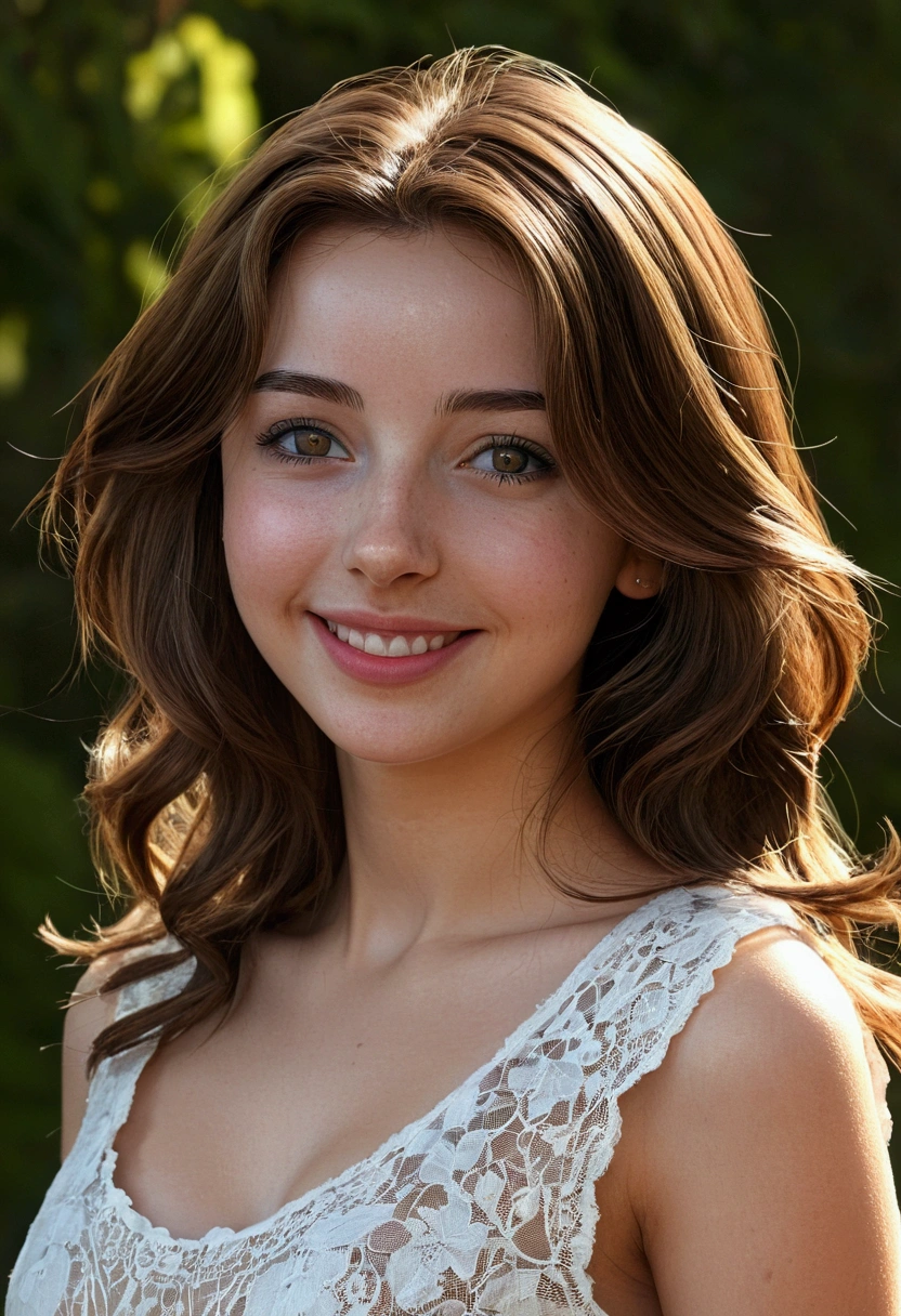 (masterpiece), {best quality},High detail,(ray tracing), (realistic:1.0), photorealistic,((1girl)), ,beautiful, daytime, short dress, (droopy eyes), Alessa savage, brunette, grin, small nose, upper body, 20 years old, sexy pose
