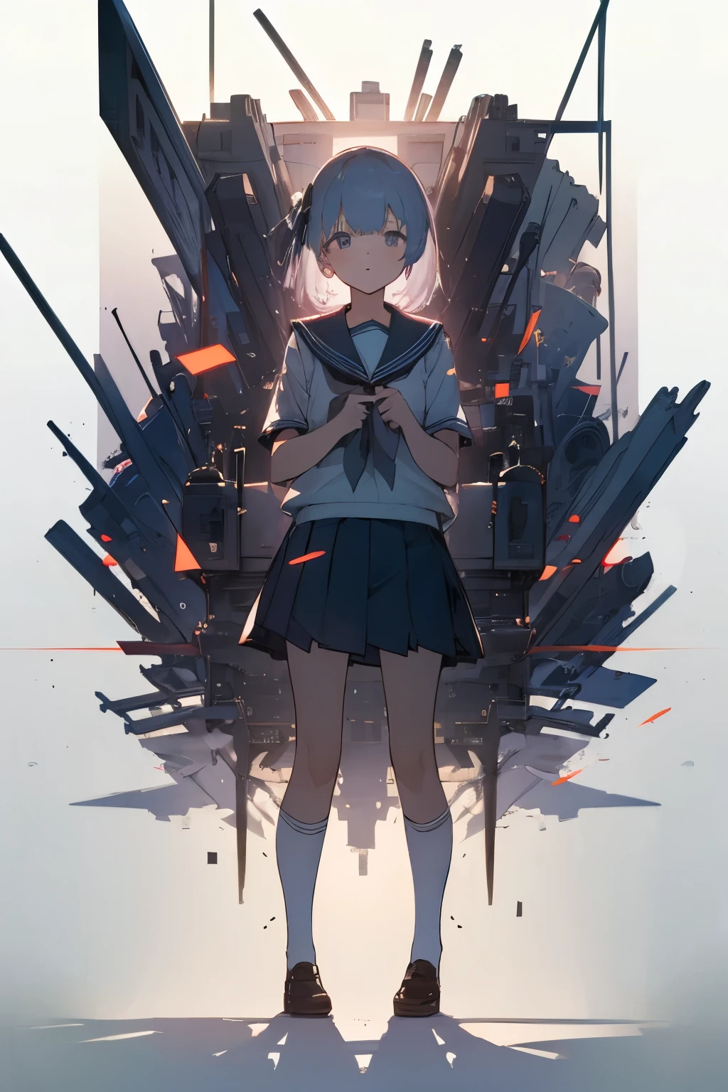 masterpiece, best quality, ultra detailed, 1girl, school uniforms, letters, lost love, cinematic shadows, abstract, vanishing points, gradient background, faded borders, incredibly absurd,