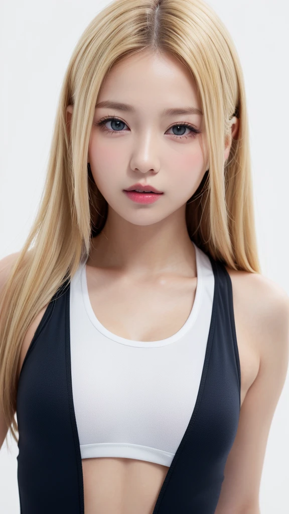 (((forehead、Northern Europe、White、beautiful girl、ホワイトblonde、Blonde、White Background、training wear、cute、young、True Face、Shiny Hair、whole body)))、Tabletop, Highest quality, shape, Very detailed, finely, High resolution, 8k wallpaper, Perfect dynamic composition, finelyて美しい目, Deco Out,blonde, chest, Natural color lip,White Background, random cute poses,