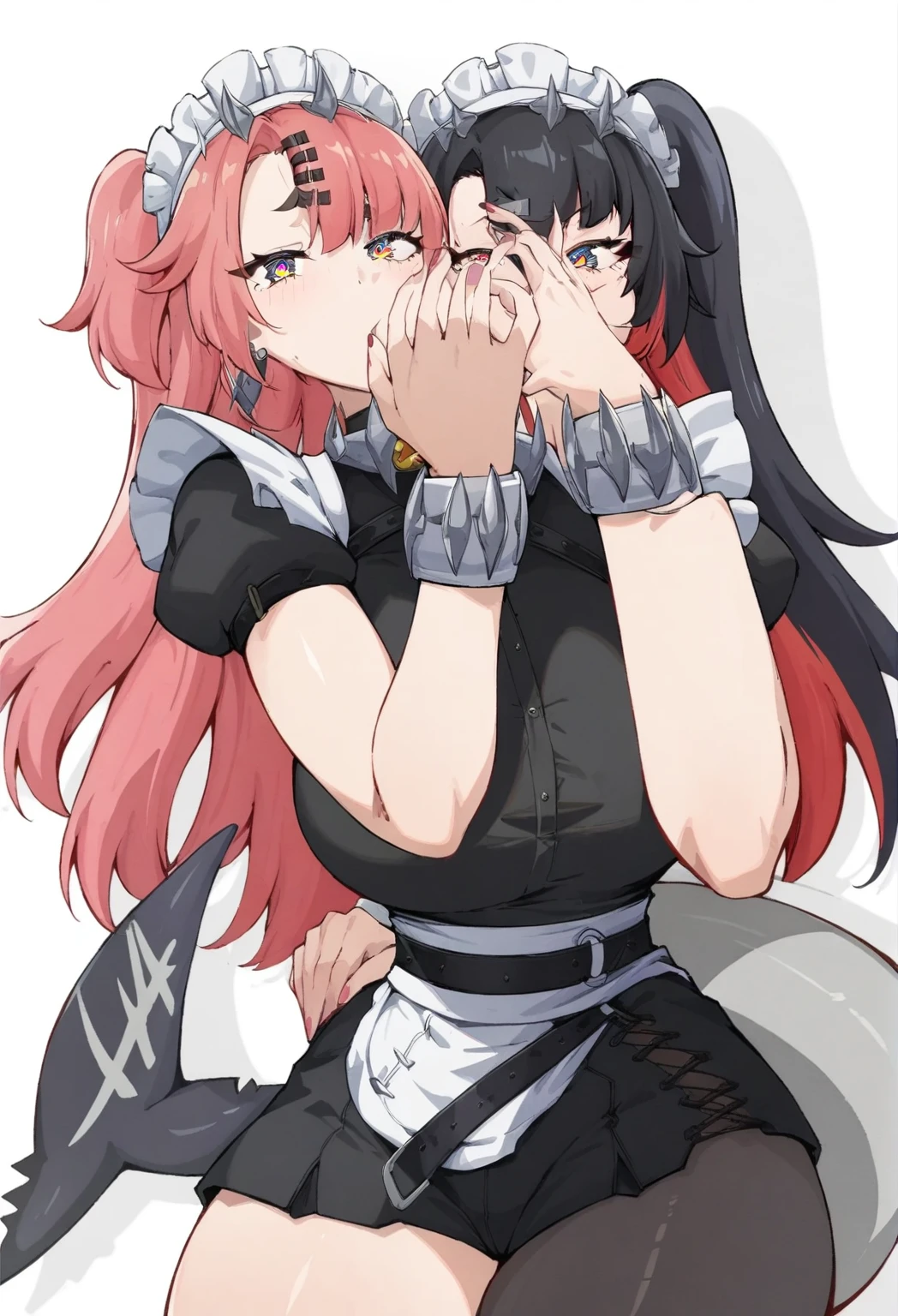 two woman kissing, 8k, best quality, masterpiece, (ultra-detailed:1.1), (one green eye:1.3), (high detailed skin), (full body:1.2), white background, standing, looking at viewer, (solo:1.4), hand on hip, nike, 1girl, large breasts, hair ribbon, twintails, pink hair, tube top, midriff, black shorts, (single thighhigh:1.2), (white background, simple background:1.4), ( good hands, nice hands:0.5), (beautiful_face), ((intricate_detail)), clear face, ((finely_detailed)), fine_fabric_emphasis, ((glossy)), full_shot, ellenjoe, ellen joe, black hair, colored inner hair, multicolored hair, (one red eye:1.3), red hair, short hair, two-tone hair, BREAK bapron, black pantyhose, black shirt, black skirt, ear piercing, fins, fish tail, maid, maid apron, maid headdress, pantyhose, piercing, puffy short sleeves, puffy sleeves, shark girl, shark tail, shirt, short sleeves, skirt, tail, two-tone hair, wrist cuffs, BREAK outdoors, city, sky, clouds, sun, park BREAK looking at viewer, (cowboy shot:1.5), BREAK (masterpiece:1.2), best quality, high resolution, unity 8k wallpaper, (illustration:0.8), (beautiful detailed eyes:1.6), extremely detailed face, perfect lighting, extremely detailed CG, (perfect hands, perfect anatomy)
