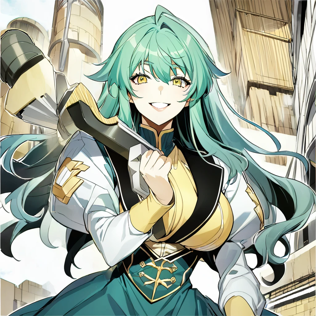 ANIME , high detailed
1 chunky girl, long hair, blue-green hair, yellow eyes, smile, busty, round buson, gorgeous chunky body, yellow Genetics's uniform, Juliet sleeves, Very large blue Long skirt, large war-hammer in hands