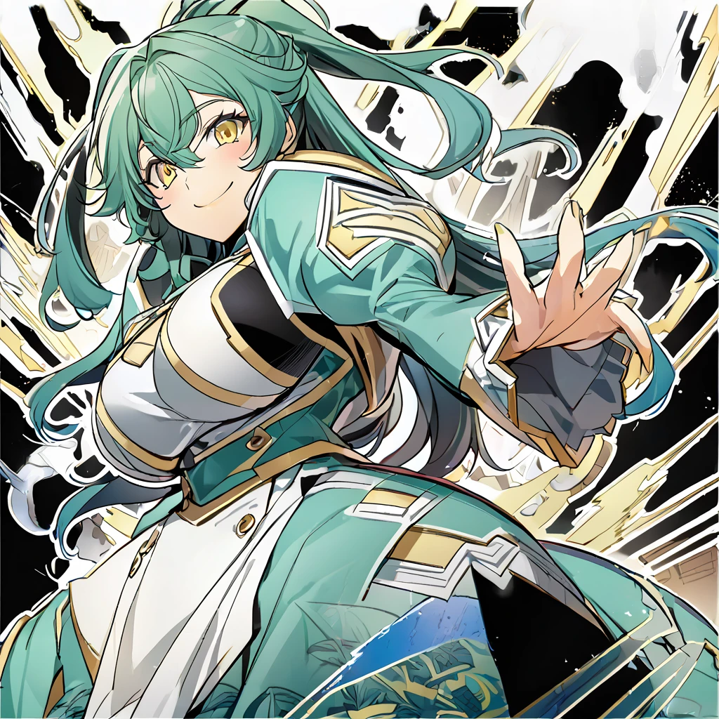 ANIME , high detailed
1 chunky girl, long hair, blue-green hair, yellow eyes, smile, busty, round buson, gorgeous chunky body, yellow Genetics's uniform, Juliet sleeves, Very large blue Long skirt, large war-hammer in hands