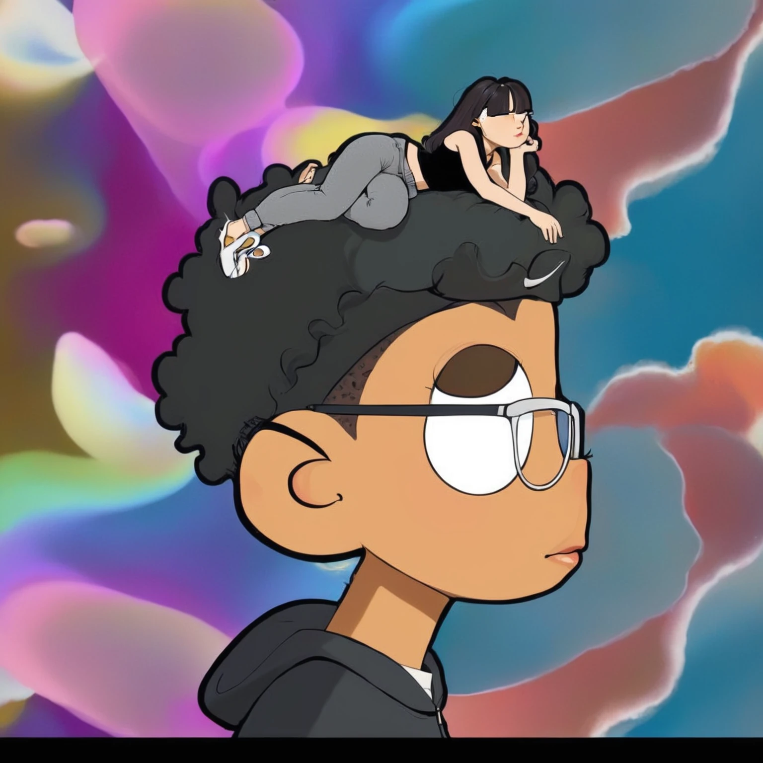 cartoon of a man with a cat on his head and a woman on his head, in style of tyler mitchell, cartoon aesthetic, curls on top of the head, Cartoon art style, afro, afro futurism, with afro, offcial art, smooth in _ o fundo, ✏️🎨, lofi hip hop, head is up, official fanart, cartoon still