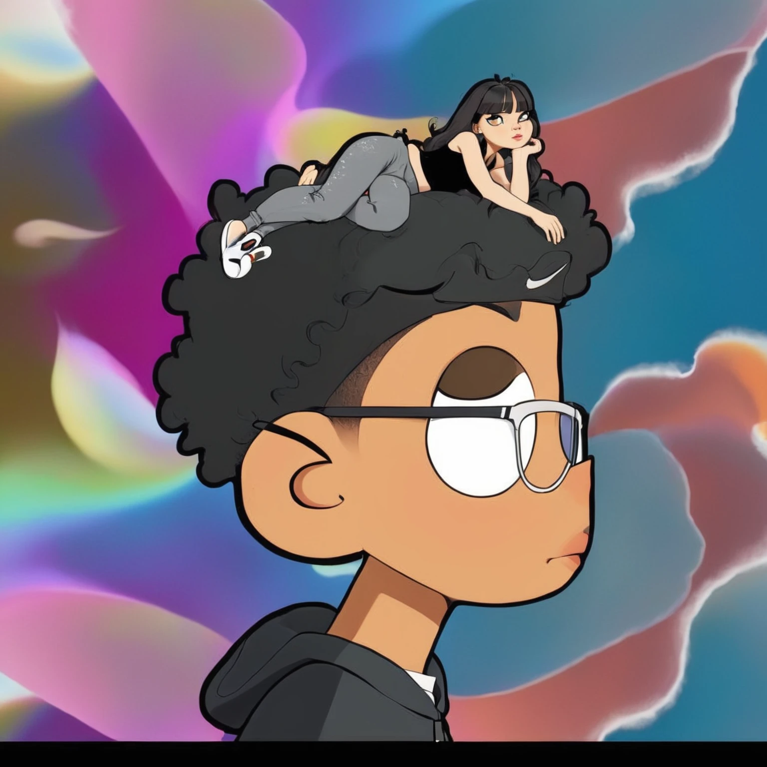 cartoon of a man with a cat on his head and a woman on his head, in style of tyler mitchell, cartoon aesthetic, curls on top of the head, Cartoon art style, afro, afro futurism, with afro, offcial art, smooth in _ o fundo, ✏️🎨, lofi hip hop, head is up, official fanart, cartoon still