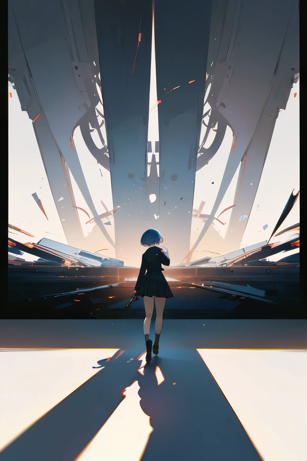 masterpiece, best quality, ultra detailed, 1girl, uniforms, letters, lost love, cinematic shadows, abstract, vanishing points, gradient background, faded borders, incredibly absurd,