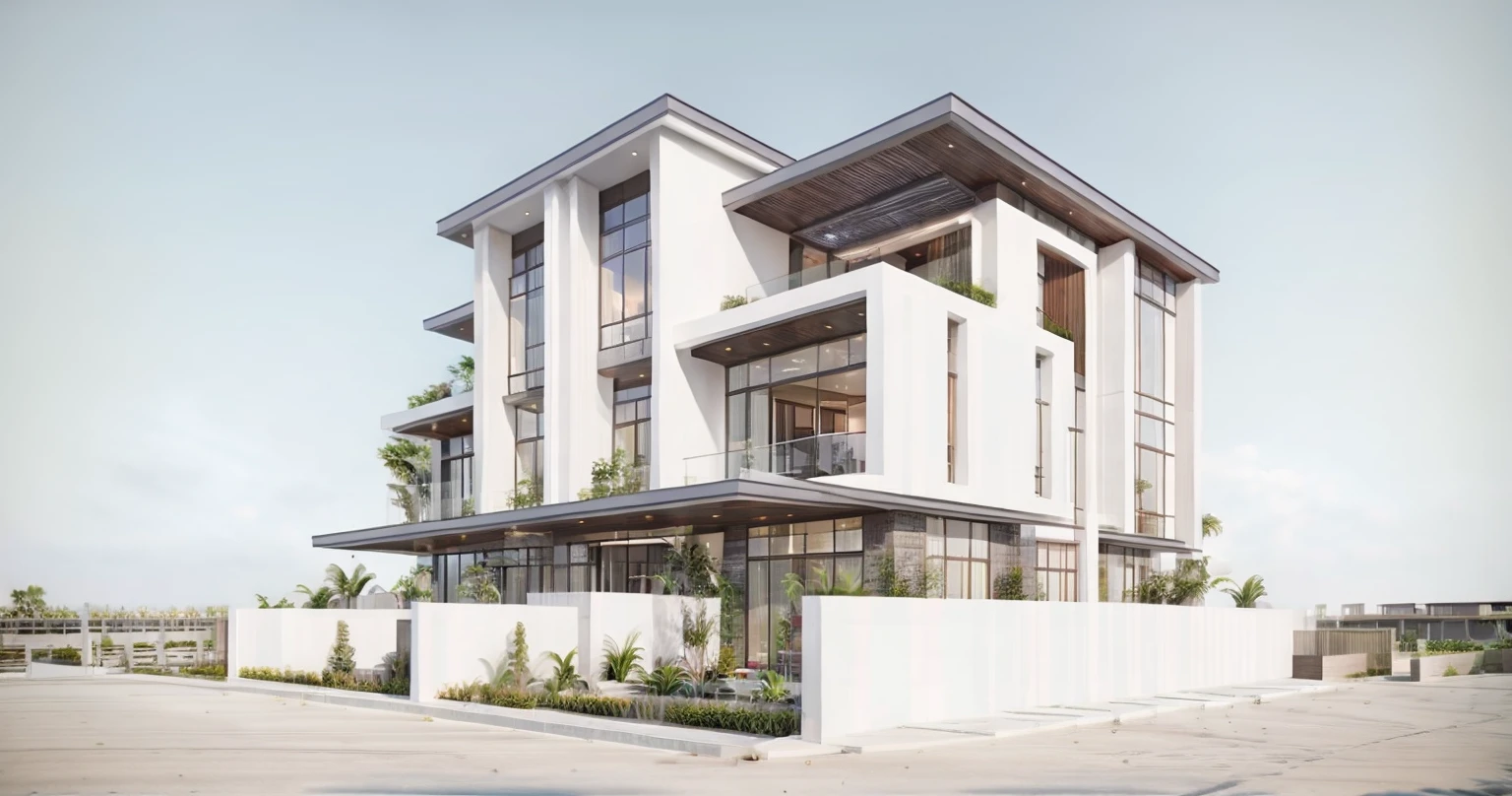 facade of duplex villa, beautiful facade, villa modern, Realistic, exterior, sunlight, sharp image, best quality,