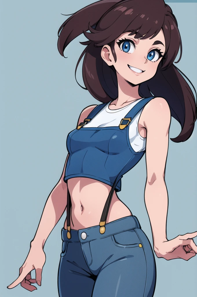 ((masterpiece,best quality)), absurdres, Misty_Pokemon, small breasts, blue eyes, yellow crop top, suspenders, solo, smiling, looking at viewer, cowboy shot, cinematic composition, dynamic pose