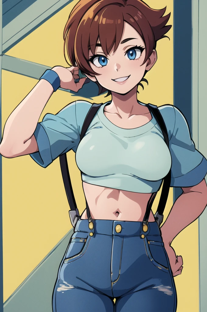 ((masterpiece,best quality)), absurdres, Misty_Pokemon, small breasts, blue eyes, yellow crop top, suspenders, solo, smiling, looking at viewer, cowboy shot, cinematic composition, dynamic pose
