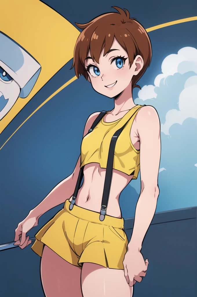 ((masterpiece,best quality)), absurdres, Misty_Pokemon, small breasts, blue eyes, yellow crop top, suspenders, solo, smiling, looking at viewer, cowboy shot, cinematic composition, dynamic pose