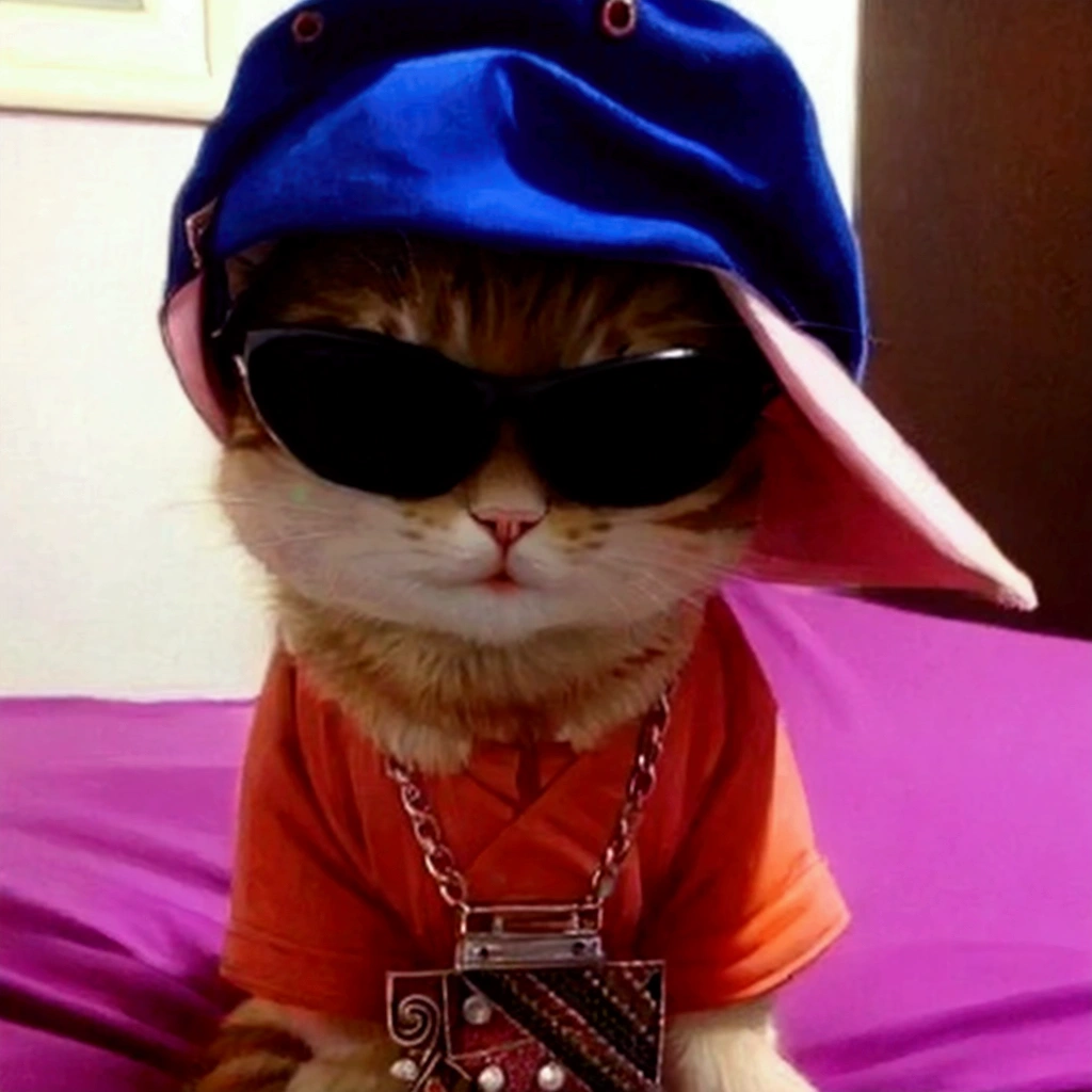a cat on a bed with a hat and a chain and sunglasses and a shirt