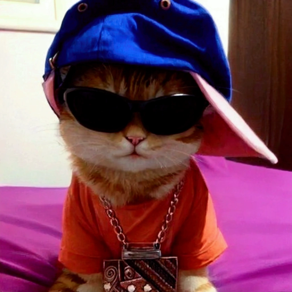 a cat on a bed with a hat and a chain and sunglasses and a shirt