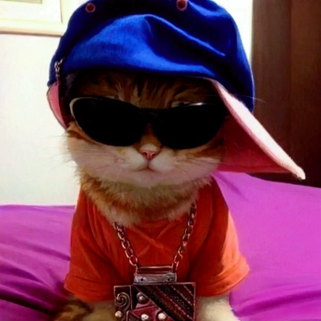 a cat on a bed with a hat and a chain and sunglasses and a shirt