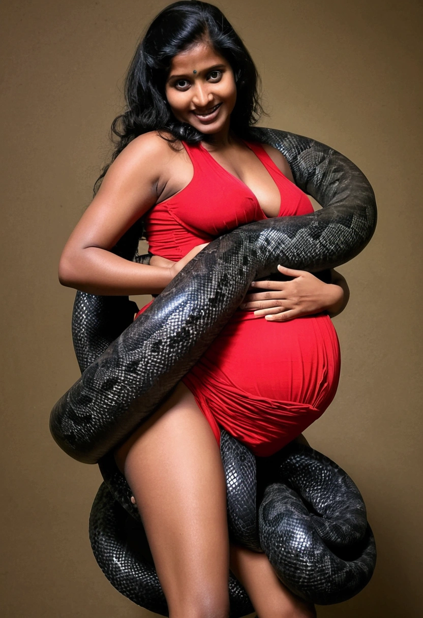  Pregnant Happy Horny, aroused 1girl), beautiful indian young teen girl  wearing red thong with  giant colossal  black titanboa monster squeezing her hard, wrapped in thick spiraling coils, constricted, struggle, gasping for air, snake attack, snake peril,