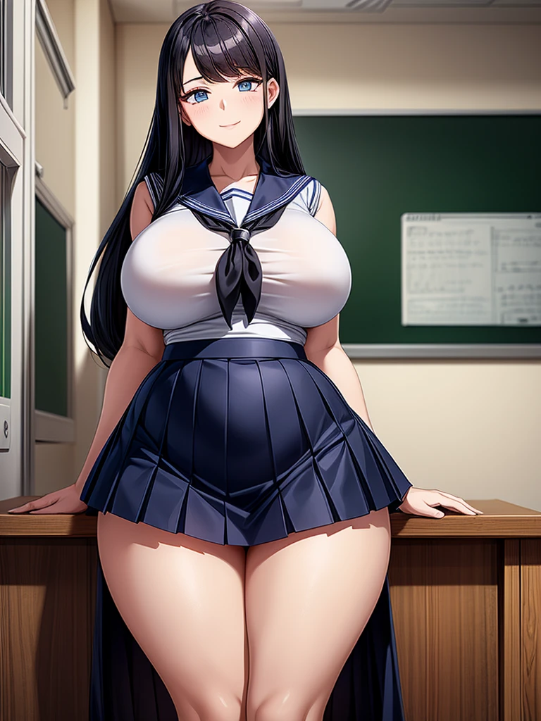 Top quality, classroom, high school girl, beautiful face, beautiful eyes, intelligent look. beautiful woman, elegant face, intelligent face, bewitching smile, beautiful glossy black hair, straight long hair, huge breasts, curvaceous beauty, narrow waist, , sailor suit , short navy pleated skirt, elegant behavior
