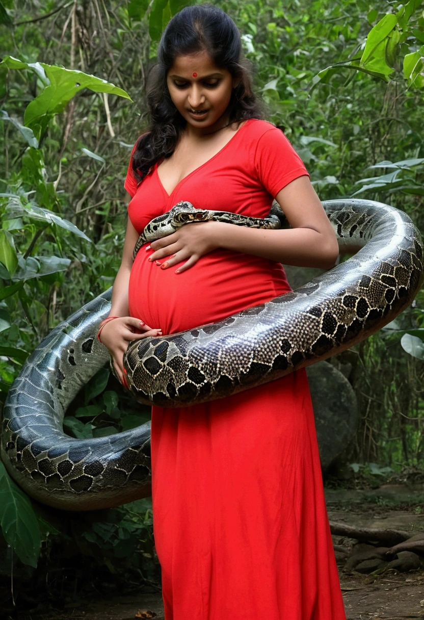  Pregnant Happy Horny, aroused 1girl), beautiful indian  girl  wearing red thong with  giant colossal  Kaa  monster squeezing her hard, wrapped in thick spiraling coils, constricted, struggle, gasping for air, snake attack, snake peril,