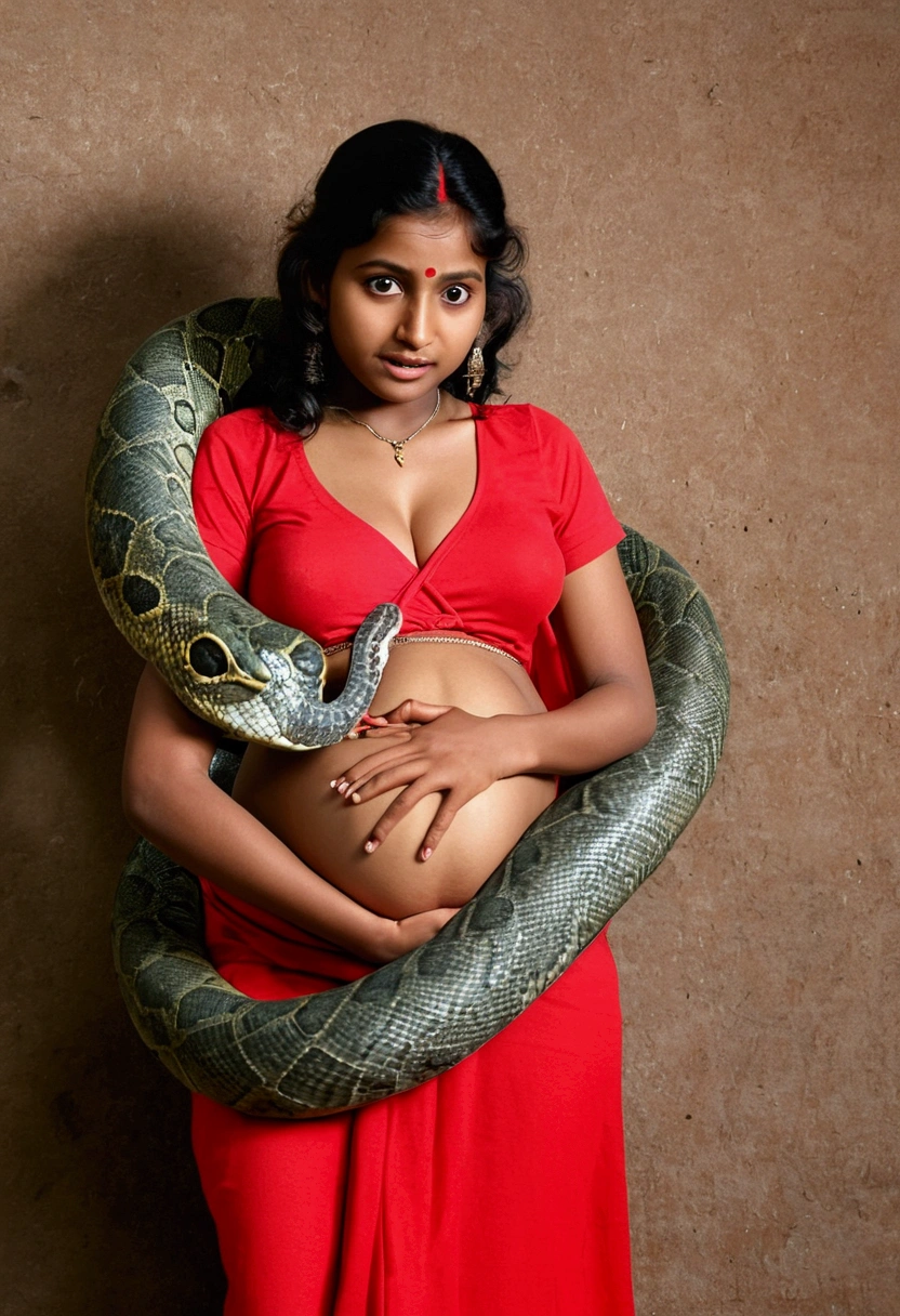  Pregnant Happy Horny, aroused 1girl), beautiful indian young teen girl  wearing red thong with  giant colossal  Kaa  monster squeezing her hard, wrapped in thick spiraling coils, constricted, struggle, gasping for air, snake attack, snake peril,