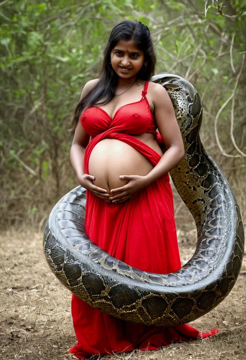 Pregnant Happy Horny, aroused 1girl), beautiful indian young girl wearing red thong with giant colossal Kaa monster squeezing her hard, wrapped in thick spiraling coils, constricted, struggle, gasping for air, snake attack, snake peril,