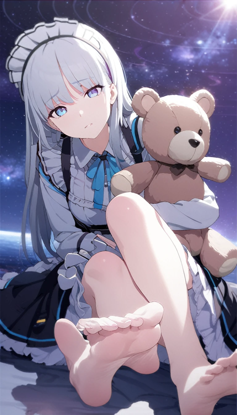 (((masterpiece))), (((best quality))),(((high detail))),light manipulation, girl with long silver hair, gradient purple to sky blue eyes, wearing a maid outfit, galaxy background, holding a teddy bear, feet, no footwear, straight face