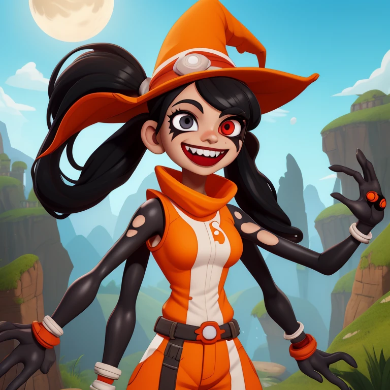 orendi, heterochromia, black hair, twintails,   black eye, red eye, extra arms, 4 arms, 
orange and white top, sleeveless, orange pants, large hat,  dark arms,  black arms, 
smile, teeth, 
upper body,  upperbody, standing, 
outdoors,  cave, dark magic, 
(insanely detailed, beautiful detailed face, masterpiece, best quality)
 