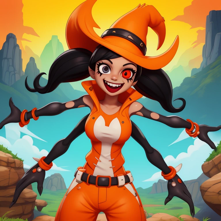 orendi, heterochromia, black hair, twintails,   black eye, red eye, extra arms, 4 arms, 
orange and white top, sleeveless, orange pants, large hat,  dark arms,  black arms, 
smile, teeth, 
upper body,  upperbody, standing, 
outdoors,  cave, dark magic, 
(insanely detailed, beautiful detailed face, masterpiece, best quality)
 