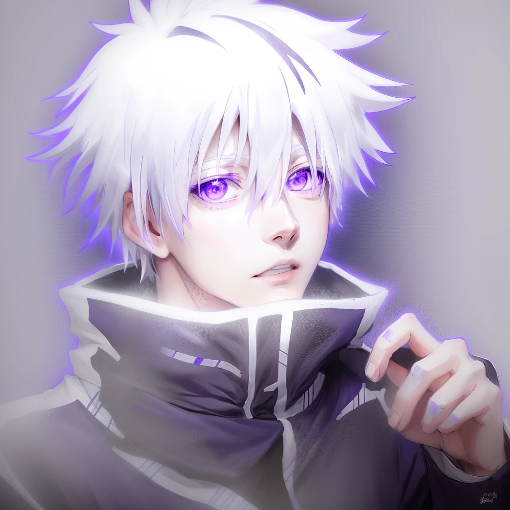 anime character with white hair and blue eyes in a purple jacket, killua zoldyck black hair, killua zoldyck, killua zoldyck portrait, white haired, hajime yatate, nagito komaeda, white-haired, a silver haired mad, white haired deity, shiro from deadman wonderland