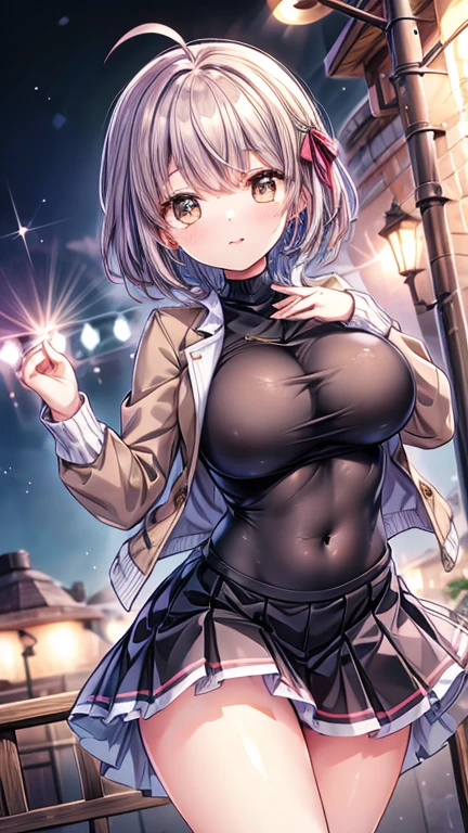 Characteristic,, , One girl, Ahoge, bangs, black skirt, black sweater, Blue Claws, Blurred, Blurred background, chest, Brown eyes, Brown Hair, brown Jacket, Mouth closed, Day付付き, Day, Depth of written boundary, Earrings, eyelash, Raise your hand, Tilt your head, Jacket, jewelry, Long Hair, Long sleeve, View your viewers, medium chest, Manicure, Open clothes, open Jacket, Outdoor, Pursed lips, Tucked in shirt, Side Lock, skirt, Sleeves are longer than the wrist, alone, sweater, Upper Body, zipper, , , ((masterpiece)), , (dancing:1.5)