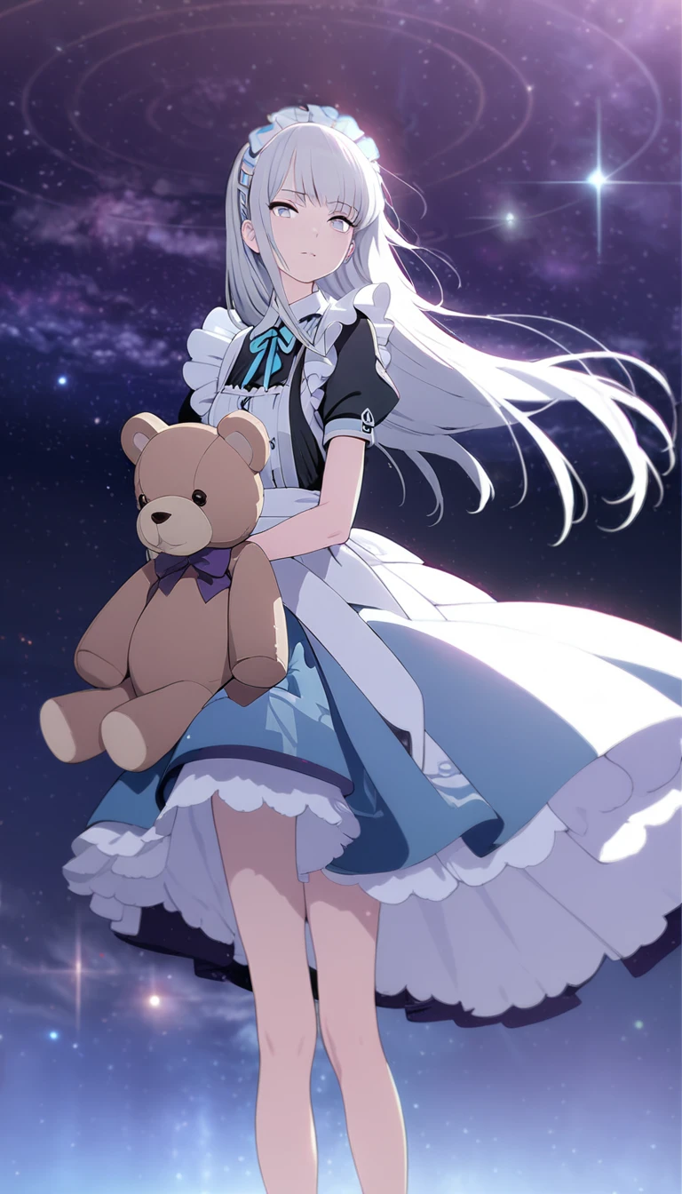 (((masterpiece))), (((best quality))),(((high detail))),light manipulation, girl with long silver hair, gradient purple to sky blue eyes, wearing a maid outfit, galaxy background, holding a teddy bear, feet, no footwear, straight face, standing