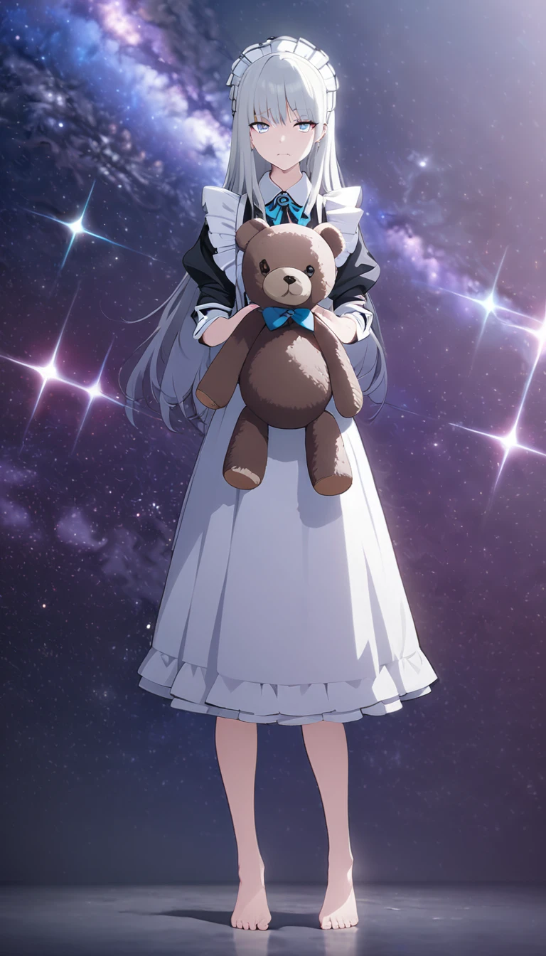 (((masterpiece))), (((best quality))),(((high detail))),light manipulation, girl with long silver hair, gradient purple to sky blue eyes, wearing a maid outfit, galaxy background, holding a teddy bear, feet, no footwear, straight face, standing