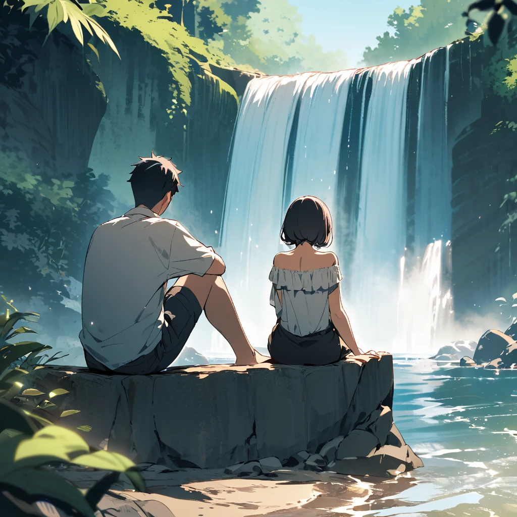 A boy is sitting near a waterfall or a girl is watching the water.