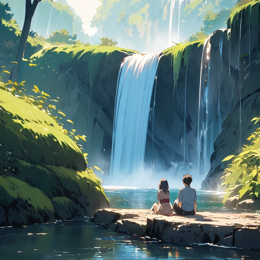 A boy is sitting near a waterfall or a girl is watching the water.