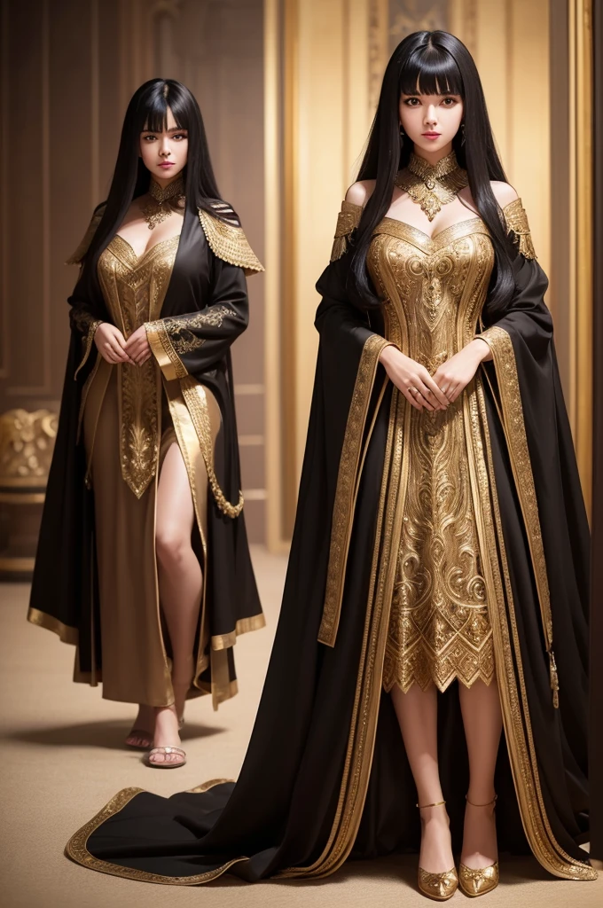 create the image of a long black haired woman with realistic bangs, wearing a brown dress with perfect gold details with an arabian knights vibe
a full-body image with lots of detail