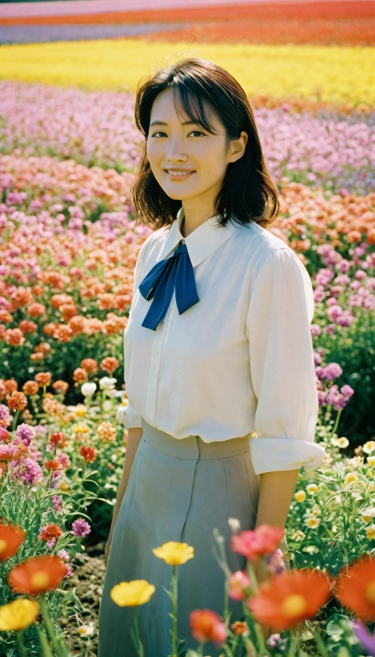 happy Misato Katsuragi standing in a beautiful field of flowers, colorful flowers everywhere, perfect lighting, leica summicron 35mm f2.0, Kodak Portra 400, film grain