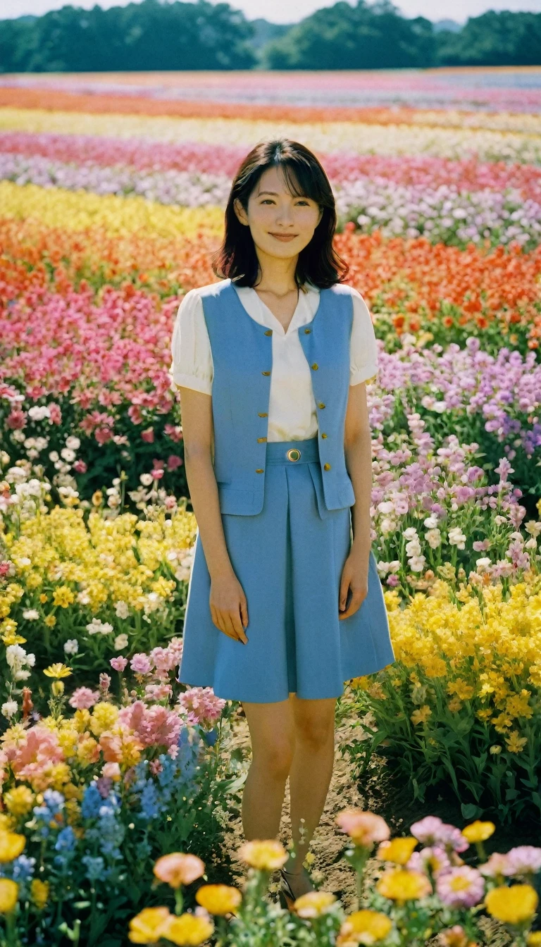 happy Misato Katsuragi standing in a beautiful field of flowers, colorful flowers everywhere, perfect lighting, leica summicron 35mm f2.0, Kodak Portra 400, film grain