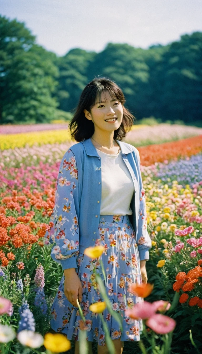 happy Misato Katsuragi standing in a beautiful field of flowers, colorful flowers everywhere, perfect lighting, leica summicron 35mm f2.0, Kodak Portra 400, film grain
