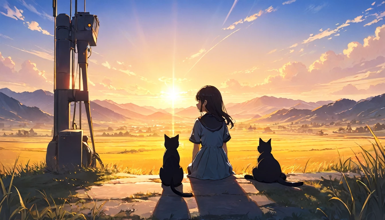 A beautiful girl sitting next to a bipedal cat in a stunning sunset landscape, long shadows, detailed anime style