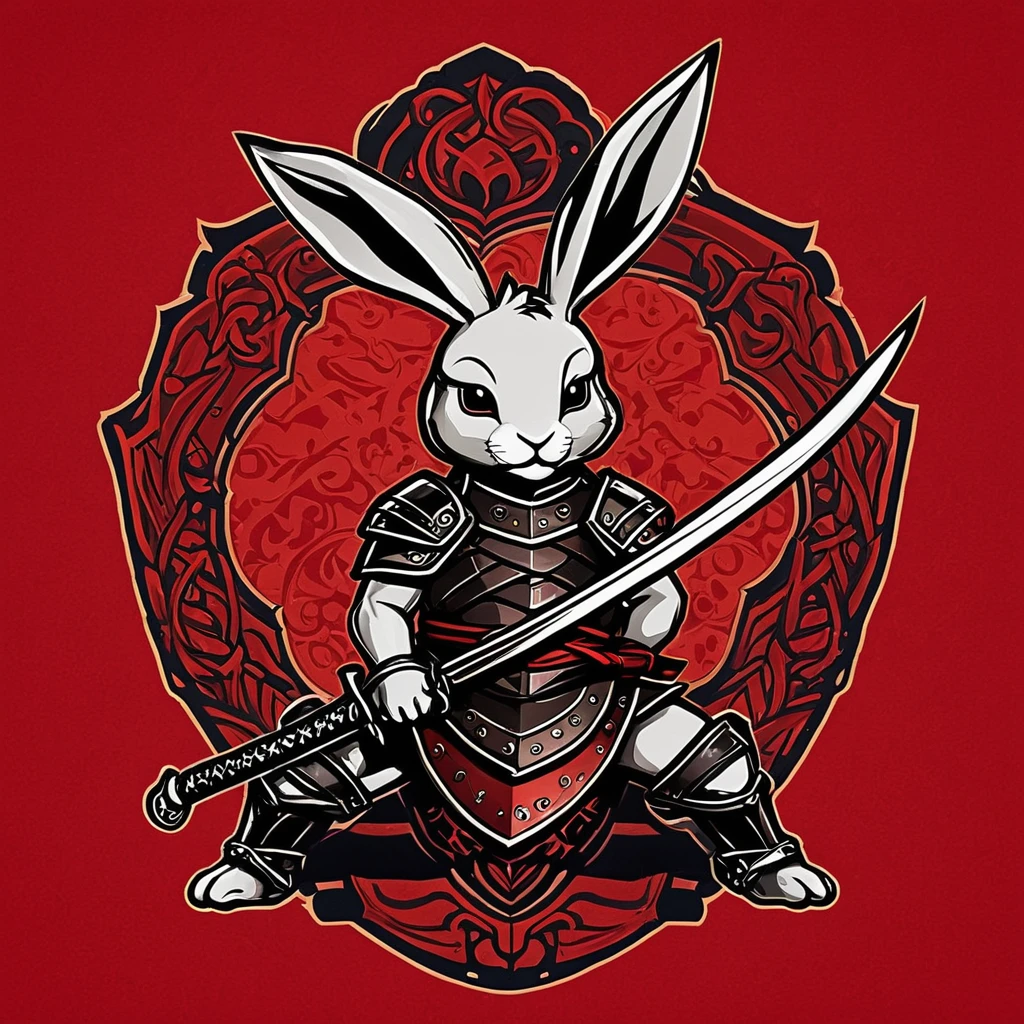 「strength『Scorpio Rabbit』のstrength章を作成してください。strength章には以下の要素が含まれることを希望します: - A rabbit base with a touch of scorpion element - (Cute deformed design:1.6) - Incorporating some elements of crossed swords and shields - Simple design - Red and black tones in the background symbolize determination and unity in the fight」