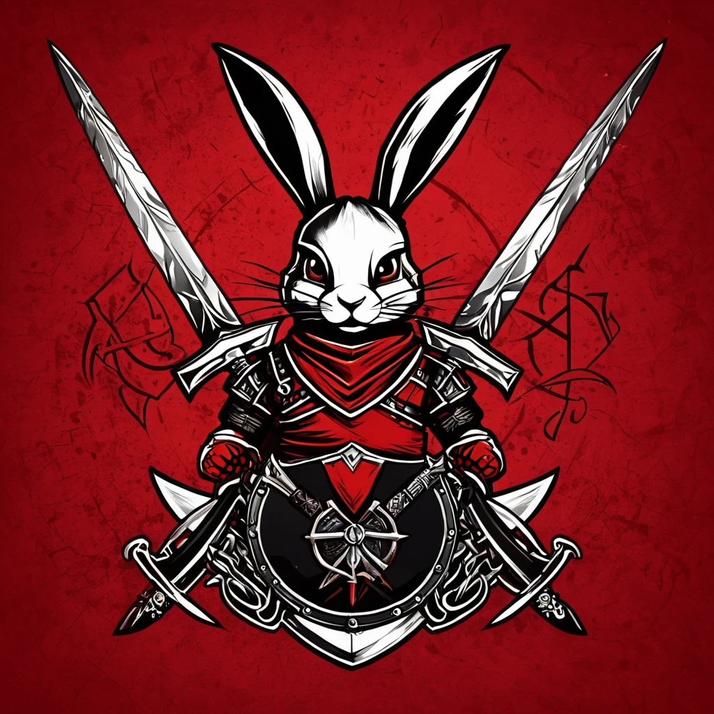 「strength『Scorpio Rabbit』のstrength章を作成してください。strength章には以下の要素が含まれることを希望します: - A rabbit base with a touch of scorpion element - (Cute deformed design:1.6) - Incorporating some elements of crossed swords and shields - Simple design - Red and black tones in the background symbolize determination and unity in the fight」